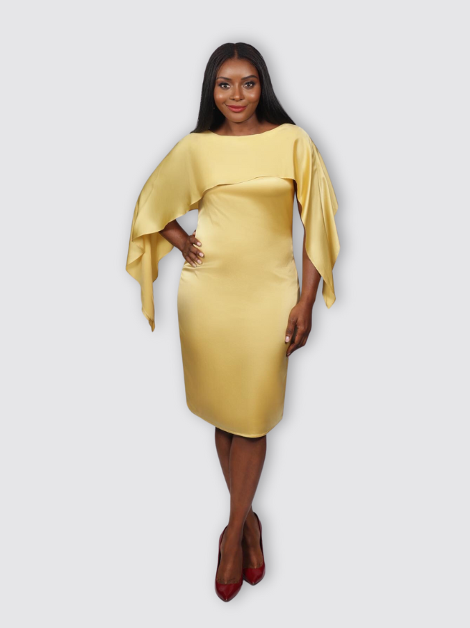 Asymmetric Cape Silk Dress (Mustard)