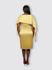 Asymmetric Cape Silk Dress (Mustard)