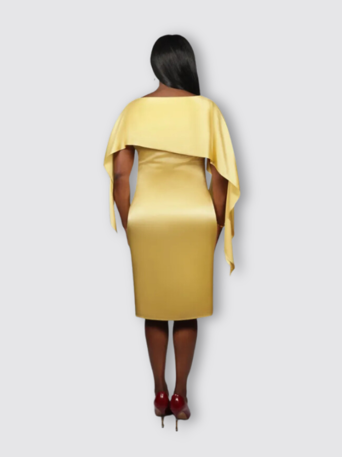 Asymmetric Cape Silk Dress (Mustard)