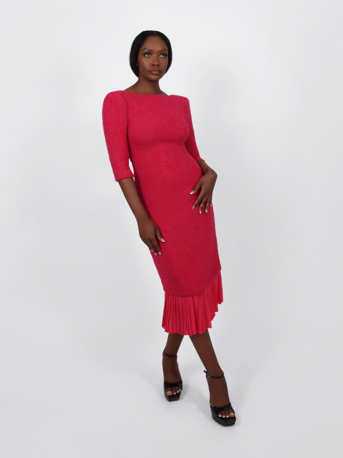 Tweed Midi Dress (Fuchsia)