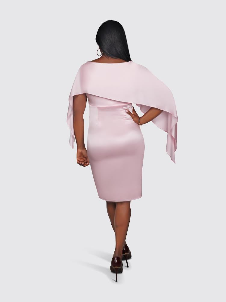 Asymmetric Cape Silk Dress (Pink)