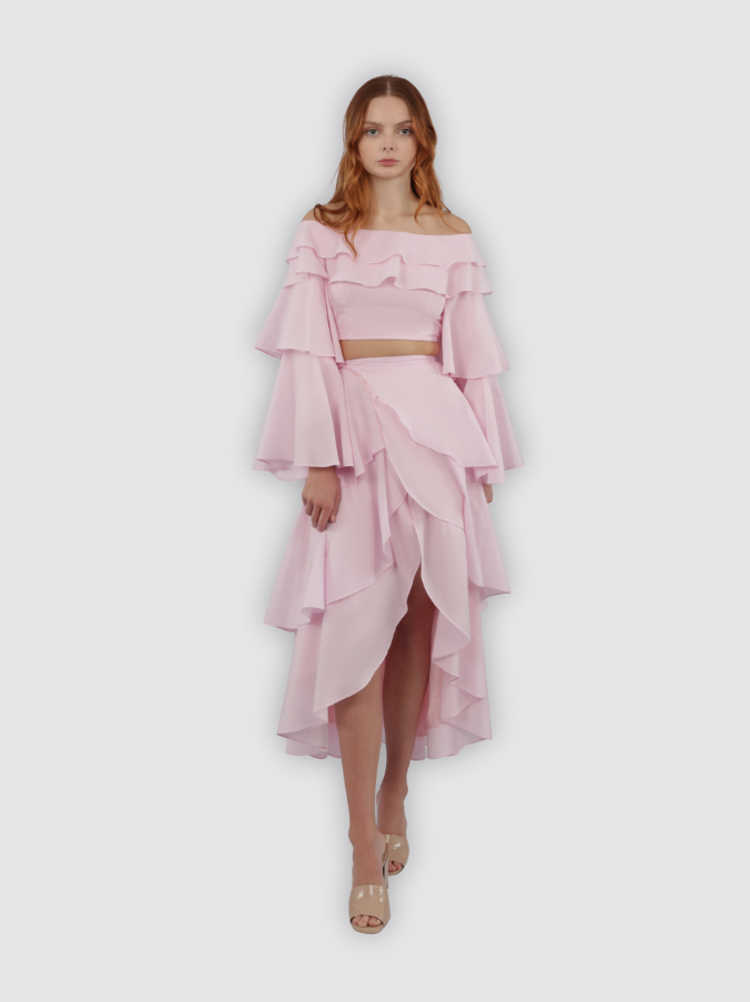 sachin and babi light blue dress Two-piece asymmetrical top with ruffle and striped midi skirt main image 0
