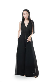 Chiffon Scarf Palazzo Jumpsuit (Black)