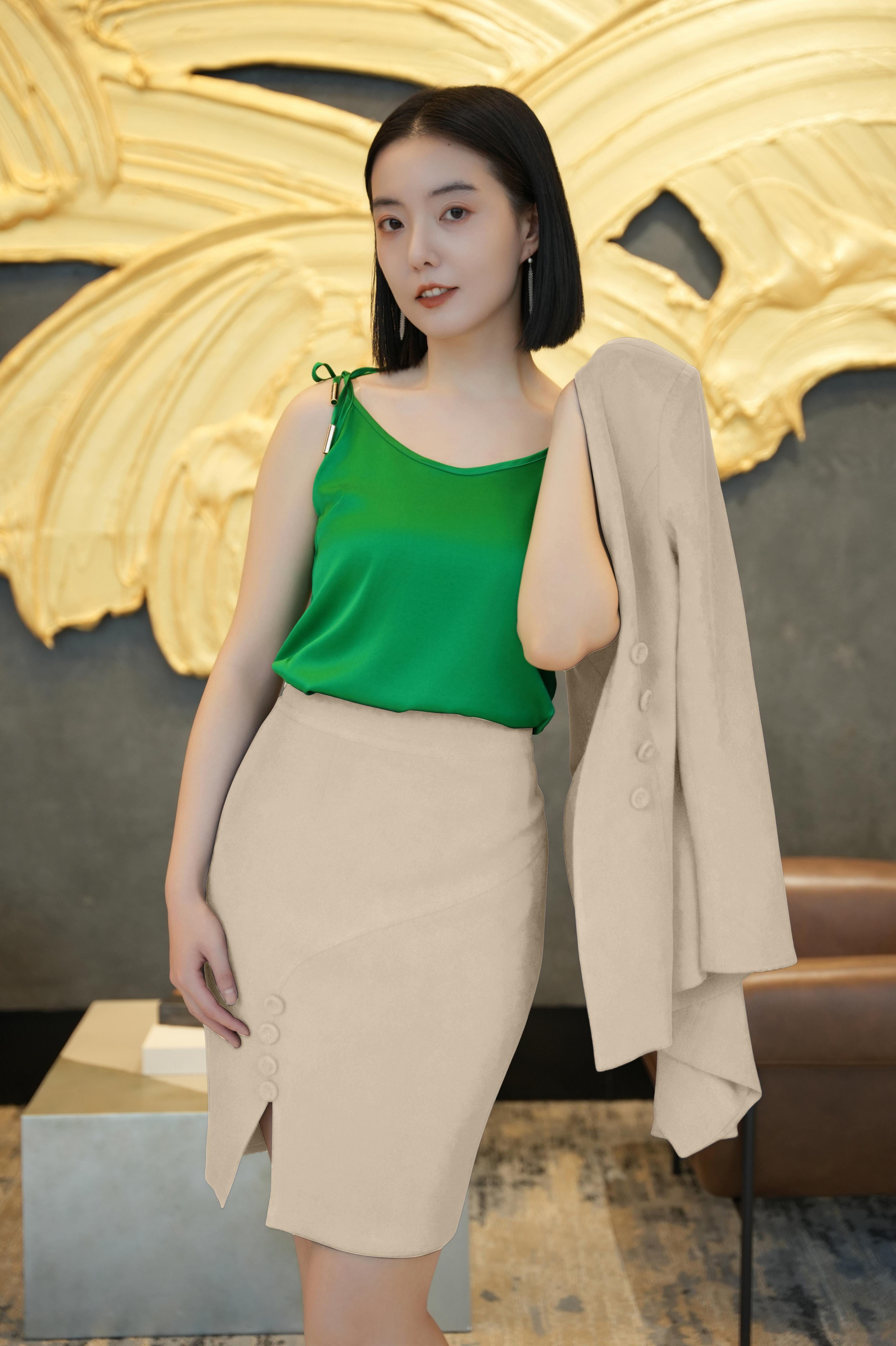 Asymmetrical Buttoned Pencil Skirt (Taupe)