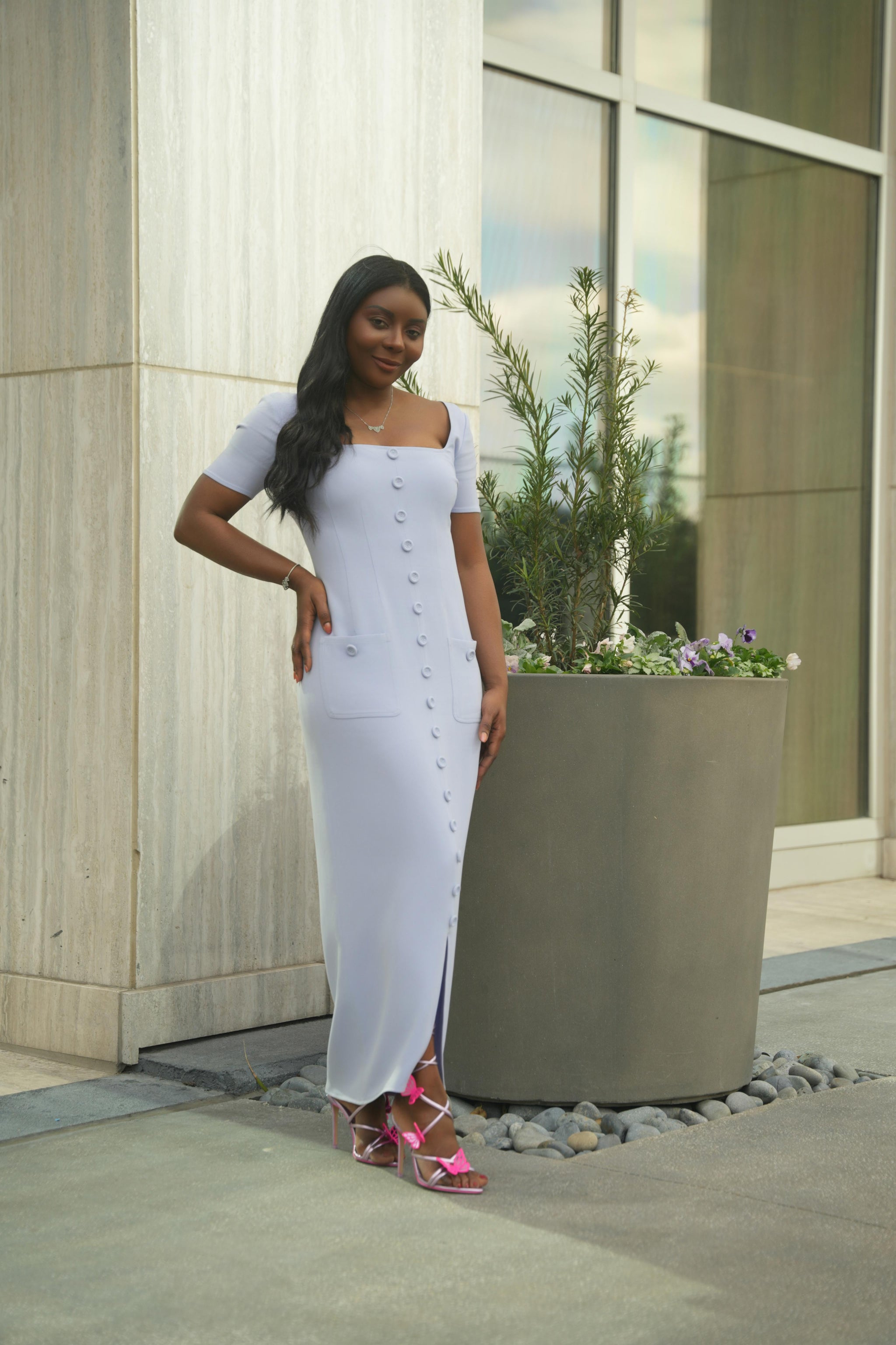 button dress midi Blue Striped Belted Button Front Midi Dress - All Dresses