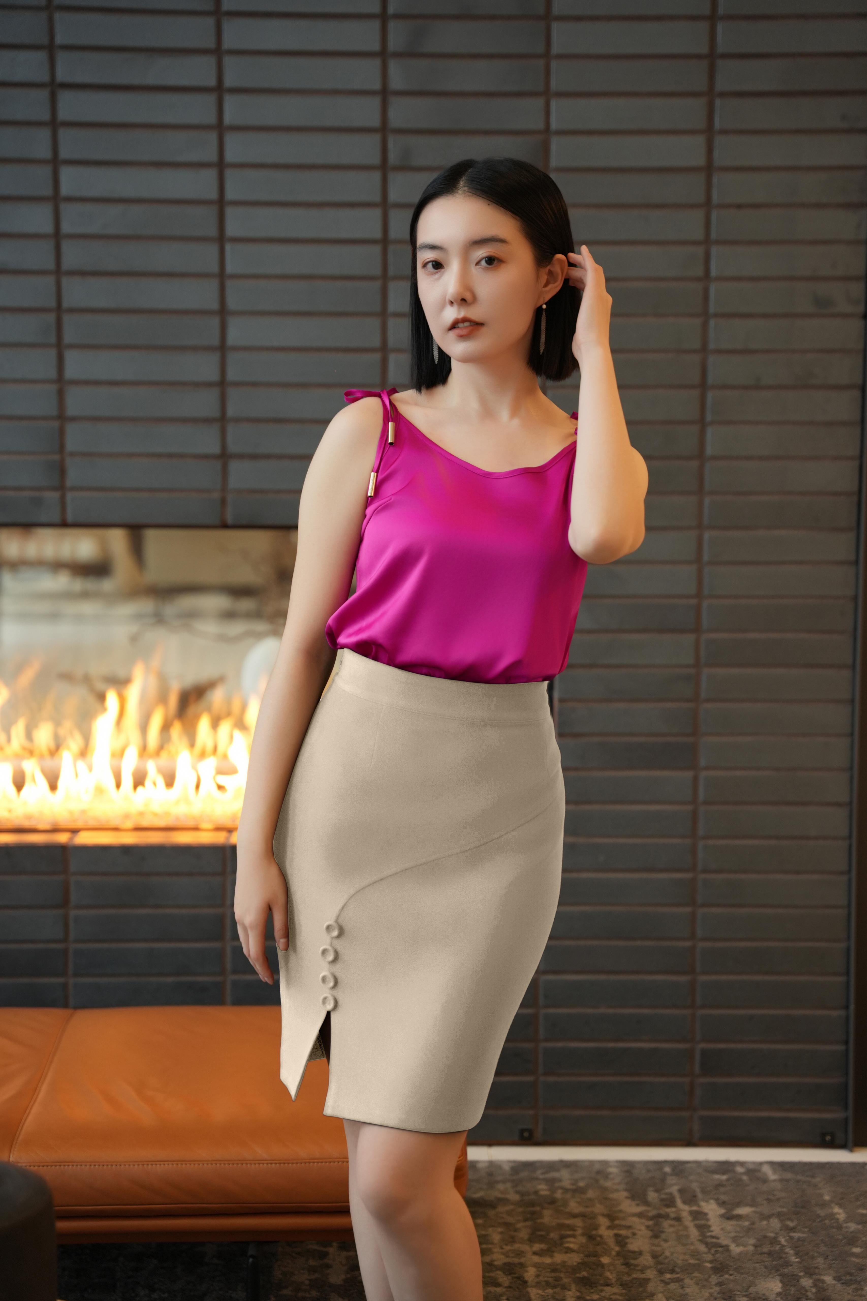 Asymmetrical Buttoned Pencil Skirt (Taupe) – B.ENCORE Official Website