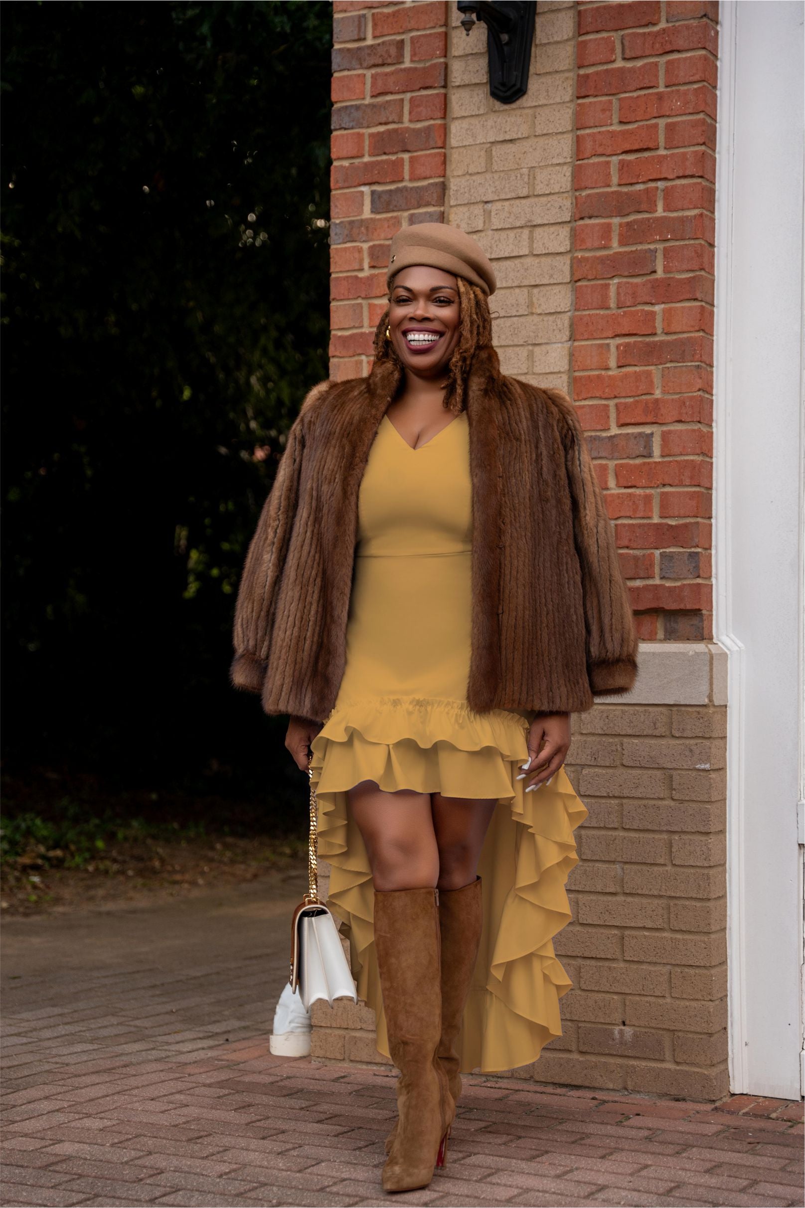 mustard dress with brown boots Midi Dress combined with Cowboy Boots || Fashionblog Berlin